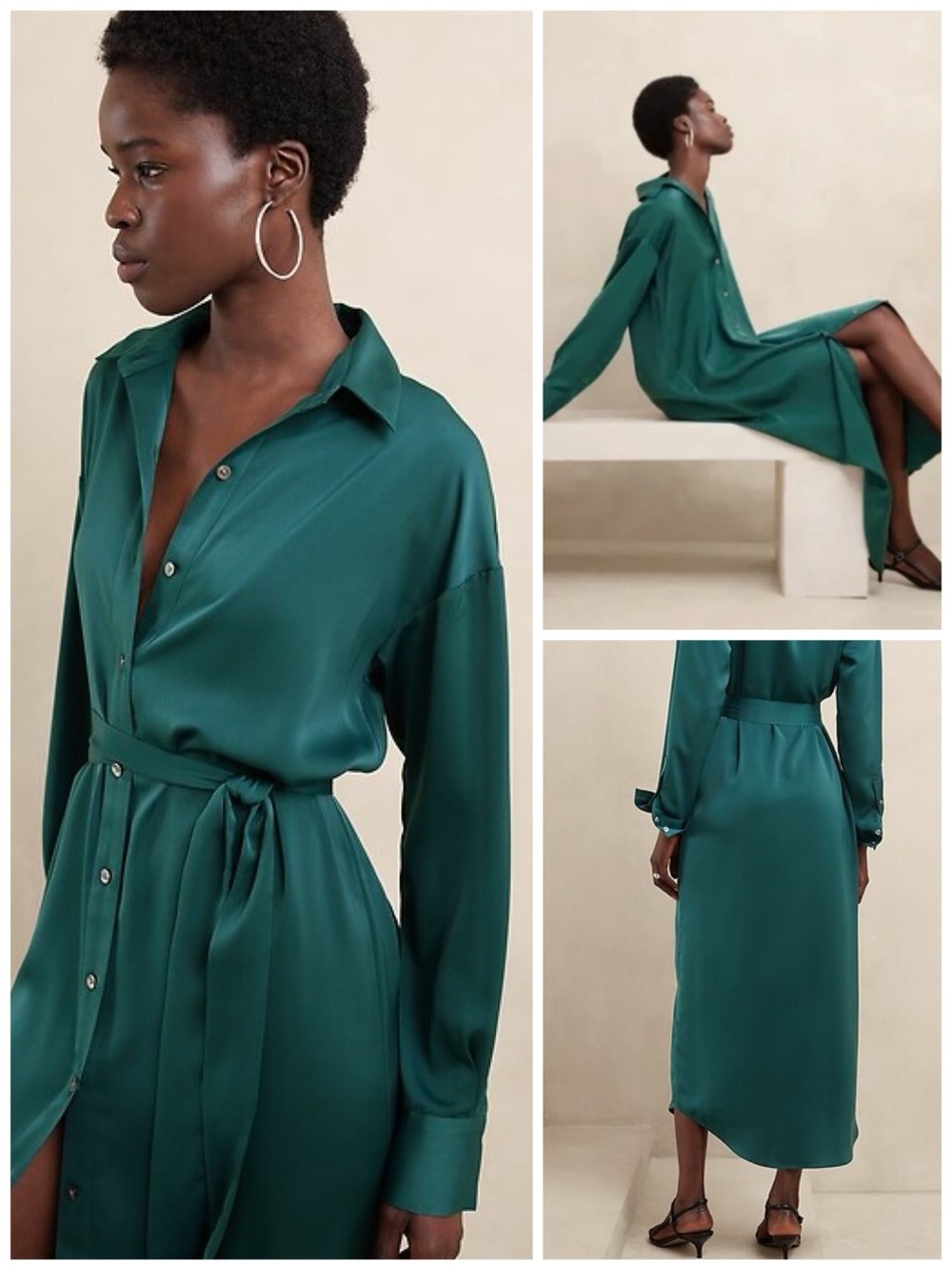 BANANA REPUBLIC Womwn’s Size S Deep Sea Teal Satin Tie-Waist Maxi Shirtdress